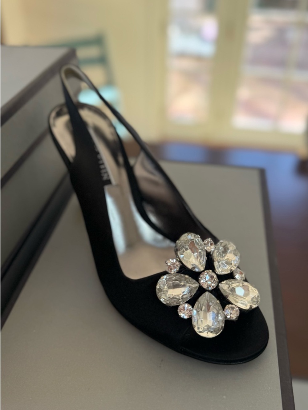 Anne Klein Black Slingback Heels with Crystal Flower Brooch